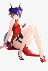 Rule 34 | 1girl, absurdres, arknights, bare legs, blue hair, ch&#039;en (ageless afterglow) (arknights), ch&#039;en (arknights), china dress, chinese clothes, clothes between thighs, dragon, dragon girl, dragon horns, dragon tail, dress, highres, horns, leiq, official alternate costume, red eyes, short dress, side slit, solo, tail