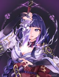 Rule 34 | 1girl, armor, braid, breasts, bridal gauntlets, cleavage, commentary request, electricity, flower, genshin impact, hair ornament, highres, holding, holding sword, holding weapon, human scabbard, imosalad, japanese clothes, kimono, large breasts, light particles, long hair, long sleeves, looking at viewer, nail polish, obi, obiage, obijime, one eye covered, open mouth, parted lips, purple background, purple eyes, purple flower, purple hair, purple nails, raiden shogun, ribbon, sash, shoulder armor, simple background, solo, sword, twintails, weapon, wide sleeves