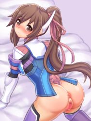 Rule 34 | 1girl, all fours, anus, ass, bed sheet, blush, bottomless, brown eyes, brown hair, censored, folks (nabokof), gloves, hair ribbon, highres, long hair, looking at viewer, mosaic censoring, pink ribbon, ponytail, purple background, purple thighhighs, pussy, ribbon, saionji reimi, shiny skin, shirt, solo, star ocean, star ocean the last hope, thighhighs, white gloves