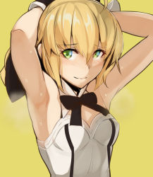 Rule 34 | 1girl, adjusting hair, armpits, artoria pendragon (fate), blonde hair, blush, bow, fate/grand order, fate/stay night, fate/unlimited codes, fate (series), glowing, green eyes, hair bow, kurowa, saber (fate), saber lily, solo, steam, sweat, upper body, yellow background