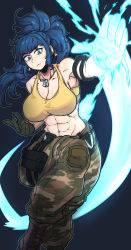 Rule 34 | 1girl, abs, absurdres, armlet, bare shoulders, blue eyes, blue hair, breasts, camouflage, camouflage pants, cleavage, dinoyhs, dog tags, earrings, gloves, highres, jewelry, leona heidern, long hair, muscular, muscular female, pants, pouch, solo, tank top, the king of fighters, the king of fighters xv, triangle earrings, yellow tank top