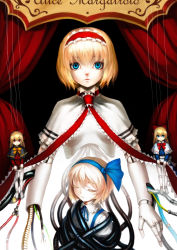 Rule 34 | 1girl, alice margatroid, alice margatroid (pc-98), blonde hair, blue eyes, capelet, character name, closed eyes, creepy, curtains, doll joints, expressionless, hair ribbon, headband, highres, holding, horror (theme), hourai doll, humanoid robot, joints, long hair, looking at viewer, machine, machinery, nose, puppet strings, red eyes, ribbon, robot, shanghai doll, short hair, spark621, staring, string, touhou, touhou (pc-98), wire, wrapped up
