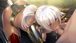 Rule 34 | 1girl, all fours, anal, anal object insertion, armor, ass, blush, breasts, censored, cum, cum in mouth, dark skin, ejaculation, elf, eyebrows, fellatio, from above, game cg, hetero, huracan, kyonyuu elf oyako saimin, large breasts, legs, long hair, looking at viewer, lune (company), mosaic censoring, narrus linhen, nipples, object insertion, oral, original, penis, pointy ears, ponytail, red eyes, sex toy, shoulder pads, solo focus, thighs, vibrator, white hair