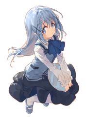 Rule 34 | 1girl, absurdres, black skirt, blue bow, blue eyes, blue footwear, blue hair, blue vest, blush, bow, brown outline, closed mouth, collared shirt, commentary request, gochuumon wa usagi desu ka?, hair between eyes, highres, holding, holding tray, kafuu chino, long hair, long sleeves, looking at viewer, outline, pantyhose, rabbit house uniform, shirt, shoes, simple background, skirt, solo, tray, uniform, very long hair, vest, waitress, white background, white pantyhose, white shirt, zuho (vega)