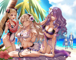 Rule 34 | absurdres, alternate costume, bare shoulders, barefoot, beach, bikini, blonde hair, blue male swimwear, blue swim trunks, blush, breasts, camilla (fire emblem), camilla (summer) (fire emblem), cleavage, competition swimsuit, corrin (female) (fire emblem), corrin (female) (summer) (fire emblem), corrin (fire emblem), elise (fire emblem), elise (summer) (fire emblem), feet, fire emblem, fire emblem fates, fire emblem heroes, fire emblem if, hair between eyes, hair over one eye, hairband, headband, highres, intelligent systems, jammers, karashino, large breasts, leo (fire emblem), leo (summer) (fire emblem), long hair, male swimwear, medium breasts, midriff, multiple boys, multiple girls, navel, nintendo, official alternate costume, one-piece swimsuit, open mouth, pointy ears, purple bikini, purple eyes, purple hair, red eyes, ribbon, short hair, siblings, small breasts, smile, swim trunks, swimsuit, thighs, toes, twintails, very long hair, wavy hair, white bikini, white hair, xander (fire emblem), xander (summer) (fire emblem)