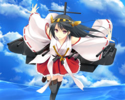 Rule 34 | 10s, 1girl, bare shoulders, black hair, black thighhighs, blue sky, blush, boots, brown eyes, cloud, day, detached sleeves, hairband, haruna (kancolle), japanese clothes, kantai collection, long hair, miko, nontraditional miko, ocean, open mouth, personification, ribbon-trimmed sleeves, ribbon trim, skirt, sky, smile, solo, takepon, thigh boots, thighhighs, zettai ryouiki