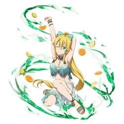 Rule 34 | 1girl, ;), arm up, blonde hair, bow, bracelet, breasts, cleavage, collarbone, feet, full body, green eyes, grey skirt, hair bow, high ponytail, jewelry, large breasts, leafa, long hair, looking at viewer, midriff, navel, necklace, official art, one eye closed, pointy ears, sandals, sideboob, simple background, sitting, skirt, sleeveless, smile, solo, stomach, striped, striped bow, sword art online, sword art online: code register, toes, very long hair, white background