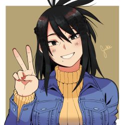 Rule 34 | 1girl, artist name, black eyes, black hair, blue jacket, blush, boku no hero academia, border, breast pocket, breasts, commentary, english commentary, facing viewer, grin, gud0c, hair between eyes, half updo, hand up, happy, head tilt, jacket, large breasts, long hair, long sleeves, looking at viewer, matching hair/eyes, mole, mole under mouth, nail polish, parted lips, pocket, shimura nana, shirt, simple background, smile, solo, sweater, teeth, turtleneck, turtleneck sweater, upper body, v, white border, yellow sweater