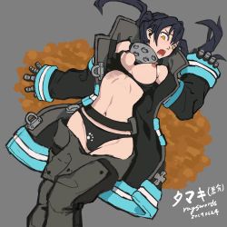 Rule 34 | 1girl, absurdres, bikini, bikini under clothes, black bikini, black hair, grabbing another&#039;s breast, breasts, cleavage, coat, dated, en&#039;en no shouboutai, female focus, fire, gloves, grabbing, highres, long hair, lying, medium breasts, moaning, nipples, on back, open clothes, open mouth, pants, partially visible vulva, rayswords, solo, swimsuit, tamaki kotatsu, translation request, twintails, yellow eyes