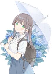 Rule 34 | 1girl, :o, bag, blunt bangs, blush, braid, brown hair, chestnut mouth, commentary request, dinosaur print, dot nose, floral background, flower, french braid, from side, green eyes, grey skirt, highres, holding, holding umbrella, charm (object), leaf, light particles, long hair, looking at viewer, maigoyaki, original, purple flower, school bag, shirt, shirt tucked in, short sleeves, simple background, skirt, smile, solo, transparent, transparent umbrella, umbrella, white background, white shirt