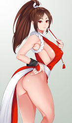 Rule 34 | 1girl, armor, ass, breasts, brown hair, eyebrows, fatal fury, folded fan, folding fan, gradient background, hair ribbon, hand fan, hand on own hip, high ponytail, highleg, highres, japanese armor, japanese clothes, kneepits, kote, large breasts, lips, long hair, looking at viewer, ninja, parted bangs, pelvic curtain, red eyes, revealing clothes, ribbon, rope, shimenawa, shiranui mai, sideboob, simple background, solo, the king of fighters, thong, zonda (solid air)