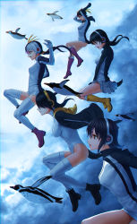 Rule 34 | 10s, 5girls, animal, arm up, arms up, bird, black footwear, black hair, black hoodie, black jacket, blonde hair, boots, breasts, brown eyes, closed mouth, cloud, commentary request, cross-laced footwear, day, drawstring, emperor penguin, emperor penguin (kemono friends), falling, floating hair, from side, gentoo penguin, gentoo penguin (kemono friends), gloves, hair over one eye, hair tie, headphones, highres, hood, hood down, hooded jacket, hoodie, humboldt penguin, humboldt penguin (kemono friends), jacket, kemono friends, knee boots, kneehighs, lace-up boots, leotard, long hair, long sleeves, looking away, looking down, low twintails, medium breasts, miniskirt, multicolored hair, multiple girls, open clothes, open hoodie, open mouth, outdoors, outstretched arms, penguin, penguins performance project (kemono friends), pink footwear, pleated skirt, profile, red eyes, red hair, rockhopper penguin, rockhopper penguin (kemono friends), royal penguin, royal penguin (kemono friends), short hair, sidelocks, sion (9117), skirt, skirt tug, small breasts, smile, socks, streaked hair, thighhighs, turtleneck, twintails, white gloves, white hair, white jacket, white legwear, white leotard, white skirt, wind, yellow footwear