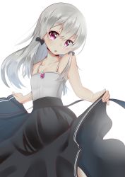 Rule 34 | 10s, 1girl, :o, bare arms, bare shoulders, black bow, black skirt, bow, breasts, cac itinose, camisole, collarbone, commentary request, fingernails, hair between eyes, hair bow, head tilt, highres, long hair, looking at viewer, parted lips, purple eyes, silver hair, simple background, skirt, skirt hold, small breasts, solo, sophie twilight, tonari no kyuuketsuki-san, very long hair, white background, white camisole