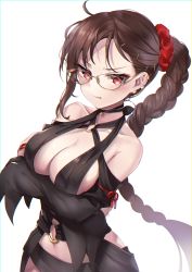 Rule 34 | 1girl, ahoge, bare shoulders, black dress, blush, braid, breasts, brown hair, collarbone, crossed arms, dress, ear piercing, fate/grand order, fate (series), glasses, hair ornament, hair scrunchie, hane yuki, highres, large breasts, long hair, looking at viewer, navel, o-ring, parted lips, piercing, revealing clothes, ribbon-trimmed dress, scrunchie, single braid, solo, strapless, strapless dress, very long hair, yu mei-ren (fate), yu mei-ren (festival outfit) (fate)