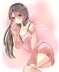 Rule 34 | 10s, 1girl, ass, bad id, bad twitter id, bare shoulders, black hair, blush, breasts, cleavage, collarbone, expressionless, hair ornament, hairclip, haruna (kancolle), heart, highres, kantai collection, long hair, looking at viewer, lying, no pants, off-shoulder, off-shoulder sweater, off shoulder, on side, pink background, red eyes, sleeves past wrists, solo, souhi, sweater, thighs, twitter username