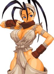 Rule 34 | 1girl, antenna hair, breasts, covered erect nipples, dougi, gloves, hand on own hip, hip vent, ibuki (street fighter), large breasts, lowres, ninja, nipples, no panties, oekaki, solo, street fighter, warner
