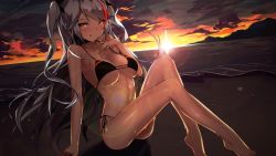 Rule 34 | 1girl, :q, antenna hair, arm support, ass, azur lane, bare legs, beach, bikini, black bikini, black ribbon, blush, breasts, brown eyes, cloud, cloudy sky, collarbone, flag print, german flag bikini, hair between eyes, hair ribbon, hand up, highres, knees up, large breasts, long hair, looking at viewer, mole, mole on breast, multicolored hair, navel, ocean, prinz eugen (azur lane), prinz eugen (unfading smile) (azur lane), red hair, ribbon, sand, septoleaf, side-tie bikini bottom, silver hair, sitting, sky, smile, solo, stomach, streaked hair, sunset, swimsuit, thighs, tongue, tongue out, two side up, very long hair, wet