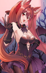 Rule 34 | absurdres, akitsuki (oenothera), animal ears, bare shoulders, black gloves, black legwear, breasts, brown hair, cleavage, clothing cutout, covered navel, cowboy shot, cutout above navel, daiwa scarlet (umamusume), demon tail, fang, gloves, hair intakes, hand on own hip, highres, holding tail, horns, horse ears, horse girl, horse tail, large breasts, leotard, long hair, looking at viewer, open mouth, purple leotard, revision, tail, twintails, umamusume, v, wings