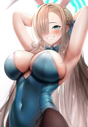 Rule 34 | 1girl, animal ears, armpits, arms behind back, arms up, asuna (blue archive), asuna (bunny) (blue archive), asymmetrical bangs, bare shoulders, blue archive, blue bow, blue bowtie, blue eyes, blue leotard, blue ribbon, bow, bowtie, breasts, brown pantyhose, cleavage, covered navel, detached collar, fake animal ears, grin, hair over one eye, hair ribbon, halo, highleg, highleg leotard, highres, large breasts, leotard, light brown hair, long hair, looking at viewer, mychadum, official alternate costume, pantyhose, playboy bunny, rabbit ears, ribbon, simple background, smile, solo, strapless, strapless leotard, traditional bowtie, upper body, very long hair, white background