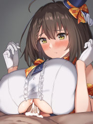 Rule 34 | 1boy, 1girl, :/, ahoge, azur lane, baltimore (azur lane), baltimore (muse) (azur lane), between breasts, blue headwear, blush, bow, braid, breasts, brown hair, censored, center frills, closed mouth, clothing cutout, commentary request, cum, cum on body, cum on breasts, cum on upper body, ejaculation under clothes, frills, gloves, green eyes, grey background, hat, hat bow, hat ornament, hetero, highres, kurowan, large breasts, looking down, mosaic censoring, orange bow, paizuri, paizuri under clothes, penis, plaid, plaid bow, short hair, side braid, simple background, sleeveless, solo focus, top hat, underboob, underboob cutout, upper body, white gloves