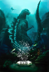 Rule 34 | bubble, chemical reaction, chemical weapon, chemicals, dinosaur, fish, giant, giant monster, goblin shark, godzilla, godzilla (series), gojira, highres, kaijuu, manta ray, md5 mismatch, monster, no humans, nyoruniru, oxygen destroyer, resolution mismatch, sea monster, seafloor, source smaller, toho, underwater, weapon, weapon of mass destruction