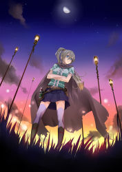Rule 34 | 1girl, bad id, bad pixiv id, belt, blonde hair, blue eyes, boots, cape, crossed arms, frills, from below, grass, knee boots, lamppost, long hair, miniskirt, moon, night, night sky, original, outdoors, pleated skirt, ponytail, skirt, sky, solo, standing, star (sky), starry sky, sunset, thighhighs, yuugen, zettai ryouiki