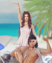 Rule 34 | 1boy, 1girl, 3d, aerith gainsborough, alternate costume, arm up, barbie (franchise), barbie (live action), bare shoulders, beach, black hair, blue eyes, blue sky, blurry, blurry background, bracelet, brown hair, clenched hand, collarbone, costa del sol, couple, crisis core final fantasy vii, day, dress, feet out of frame, final fantasy, final fantasy vii, final fantasy vii remake, green eyes, hair pulled back, hair ribbon, hand on another&#039;s face, hand on another&#039;s leg, highres, horizon, jewelry, looking at viewer, muscular, muscular male, necklace, ocean, one eye closed, open clothes, open hand, open shirt, outdoors, palm tree, parted bangs, parted lips, patreon username, pectorals, pink-framed eyewear, pink dress, pink ribbon, ria-neearts, ribbon, sand, shell, shell necklace, short sleeves, sidelocks, sitting on shoulder, sky, sleeveless, sleeveless dress, smile, square enix, summer, sunglasses on head, tree, upper body, zack fair