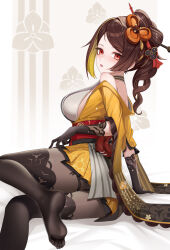 Rule 34 | 1girl, absurdres, bare shoulders, black gloves, black pantyhose, black thighhighs, breasts, brown hair, chiori (genshin impact), drill hair, genshin impact, gloves, hair ornament, hair stick, highres, japanese clothes, karsa, kimono, long hair, looking at viewer, multicolored hair, no shoes, obi, pantyhose, red eyes, sash, skirt, soles, solo, thighhighs, thighs, yellow skirt