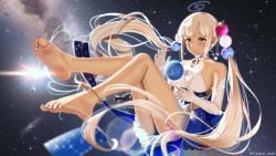 Rule 34 | 1girl, anklet, bare shoulders, barefoot, blue nails, blush, breasts, casino (casinoep), closed mouth, dress, earth (planet), elbow gloves, feet, full body, gloves, hair ornament, highres, hololive, hololive english, jewelry, kaniko (tsukumo sana), large breasts, light brown hair, limiter (tsukumo sana), long hair, looking away, nail polish, planet, planet hair ornament, sideboob, soles, solo, space, star (sky), toenail polish, toenails, toes, tsukumo sana, tsukumo sana (1st costume), twintails, twitter username, very long hair, virtual youtuber, white dress, white gloves, yellow eyes