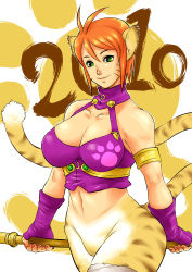 Rule 34 | 10s, 2010, animal ears, armband, breasts, breath of fire, breath of fire ii, capcom, cat ears, cat tail, cleavage cutout, clothing cutout, facial mark, fingerless gloves, gloves, green eyes, halterneck, halterneck, large breasts, orange hair, rinpoo chuan, short hair, smile, solo, staff, tail