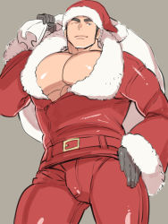 Rule 34 | 1boy, alternate costume, alternate pectoral size, bara, bulge, christmas, cowboy shot, fur-trimmed jacket, fur trim, gift bag, hand on own hip, hat, jacket, kijima hyogo, large pectorals, long sideburns, looking at viewer, male focus, protagonist 3 (housamo), muscular, muscular male, one eye closed, pants, pectoral cleavage, pectorals, red pants, santa costume, santa hat, short hair, sideburns, solo, thick eyebrows, thick thighs, thighs, tokyo houkago summoners