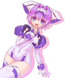 Rule 34 | 1girl, armor, breasts, elbow gloves, exelica, gloves, looking at viewer, open mouth, purple eyes, purple hair, short hair, skin tight, solo, thighhighs, trigger heart exelica, white background, yukimura tsubame