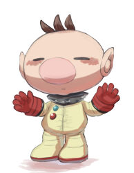 Rule 34 | 1boy, big nose, blush, brown hair, buttons, closed eyes, closed mouth, commentary request, full body, gloves, highres, male focus, nintendo, no headwear, olimar, outstretched arms, pikmin (series), pointy ears, red gloves, shadow, short hair, simple background, smile, solo, spacesuit, usuba (hatomugip), very short hair, white background