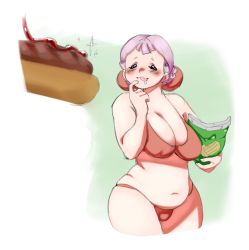Rule 34 | 10s, 1girl, blush, breasts, cleavage, drooling, fat, female focus, finger to mouth, food, huge breasts, jasminka antonenko, little witch academia, navel, aged up, phallic symbol, plump, sexually suggestive, short hair, solo, spacedust, standing