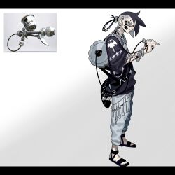 Rule 34 | 1boy, aerospray (splatoon), arm tattoo, bag, black bag, black eyes, black footwear, black hair, closed mouth, ear piercing, facial tattoo, full body, grey background, grey hair, hand tattoo, highres, holding, letterboxed, looking at viewer, male focus, multicolored hair, nintendo, pants, personification, piercing, reference inset, sandals, sido (slipknot), simple background, solo, splatoon (series), standing, tattoo, undercut