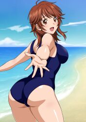 Rule 34 | 1girl, amagami, ass, beach, blue one-piece swimsuit, blue sky, breasts, brown eyes, brown hair, cloud, cowboy shot, day, female focus, highres, horizon, large breasts, looking at viewer, looking back, medium breasts, medium hair, ocean, one-piece swimsuit, open mouth, outdoors, outstretched arms, reaching, reaching towards viewer, sakurai rihoko, sand, school swimsuit, sky, solo, spread arms, swimsuit, water, yuuyuu (3jjbn)