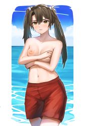 Rule 34 | 1girl, blush, breasts, covering privates, covering one breast, grey hair, hair ribbon, highres, kantai collection, long hair, looking at viewer, male swimwear, male swimwear challenge, mikamata, navel, nipples, red male swimwear, red swim trunks, ribbon, small breasts, solo, stomach, swim trunks, swimsuit, topless, twintails, white ribbon, yellow eyes, zuikaku (kancolle)
