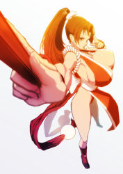 Rule 34 | 1girl, armpits, bad id, bad pixiv id, blush, boots, breasts, brown eyes, brown hair, cleavage, covered erect nipples, fatal fury, folded fan, folding fan, foreshortening, hand fan, huge breasts, japanese clothes, kuruma hajime, legs, long hair, ninja, nipples, outstretched hand, pelvic curtain, ponytail, shiranui mai, sideboob, snk, solo, the king of fighters, thighs, tight clothes