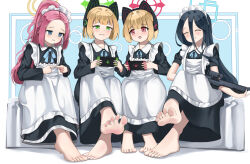 Rule 34 | 4girls, absurdres, aris (blue archive), aris (maid) (blue archive), barefoot, black hair, blonde hair, blue archive, blue eyes, blush, closed eyes, dorsiflexion, feet, green eyes, gun, handheld game console, highres, index fingers together, long hair, maid, medium hair, midori (blue archive), midori (maid) (blue archive), momoi (blue archive), momoi (maid) (blue archive), multiple girls, open mouth, pink hair, red eyes, siblings, sisters, smile, soles, thighhighs, toes, very long hair, weapon, white thighhighs, yuzu (blue archive), yuzu (maid) (blue archive)