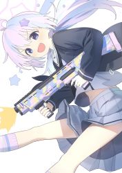 Rule 34 | 1girl, ahoge, aqua hair, blue archive, blue eyes, blush, commentary, firing, gun, hair between eyes, hair ornament, halo, highres, holding, holding gun, holding weapon, long hair, long sleeves, looking at viewer, low twintails, multicolored hair, neckerchief, open mouth, pink hair, pleated skirt, reisa (blue archive), sailor collar, school uniform, serafuku, simple background, skirt, socks, solo, star (symbol), star hair ornament, twintails, wasabi60, weapon, white background, white sailor collar