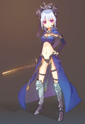Rule 34 | 1girl, armor, armored boots, asicah, bad id, bad pixiv id, blue background, blue hair, boots, bow, bridal gauntlets, brown background, capelet, demon girl, demon horns, elbow gloves, frown, full body, gloves, gradient background, groin, hair bow, hand on own hip, high heels, holding, holding sword, holding weapon, horns, looking at viewer, midriff, navel, original, parted lips, ponytail, purple eyes, shadow, sheath, sheathed, short hair, sketch, solo, standing, sword, tareme, thigh strap, weapon