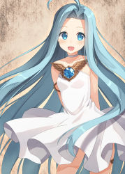 Rule 34 | 10s, 1girl, :d, bare shoulders, blue eyes, blue hair, breasts, choker, clothes lift, dress, dress lift, gem, gradient background, granblue fantasy, hyuuga azuri, long hair, lyria (granblue fantasy), matching hair/eyes, open mouth, small breasts, smile, solo, striped, striped background, very long hair