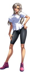 Rule 34 | 1girl, absurdres, bike shorts, bishop (company), blush, breasts, curvy, dark-skinned female, dark skin, female focus, full body, game cg, grey hair, gym uniform, hair between eyes, hand on own hip, highres, kagami hirotaka, large breasts, lipstick, long hair, looking at viewer, makeup, mesu kyoushi 3, mizusawa chisato, mole, mole under eye, open mouth, serious, shirt, shoes, simple background, sneakers, solo, standing, transparent background, white shirt, wide hips