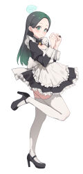 Rule 34 | 1girl, aningay, apron, black dress, black footwear, black hair, blush, closed mouth, copyright request, dress, flat chest, forehead, frilled apron, frilled dress, frills, full body, gradient hair, green eyes, green hair, hair behind ear, halo, hands up, high heels, highres, juliet sleeves, long hair, long sleeves, looking at viewer, maid, multicolored hair, pleated dress, puffy sleeves, shoes, simple background, smile, solo, standing, standing on one leg, thighhighs, very long hair, white apron, white background, white thighhighs