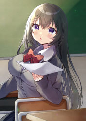 Rule 34 | 1girl, :o, bad id, bad pixiv id, black hair, black skirt, blush, bow, cardigan, chair, chalkboard, collared shirt, commentary request, desk, grey cardigan, hair between eyes, highres, holding, indoors, long sleeves, looking at viewer, minami saki, on chair, original, parted lips, pleated skirt, purple eyes, red bow, school chair, school desk, school uniform, shirt, skirt, sleeves past wrists, solo, white shirt