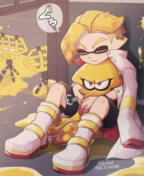 Rule 34 | 1boy, artist name, black shorts, blonde hair, boots, closed eyes, coat, commentary request, earrings, emperor (splatoon), full body, glaring, inkling, inkling boy, inkling player character, inumaru akagi, jacket, jacket on shoulders, jewelry, long sleeves, male focus, nintendo, open clothes, open coat, paint splatter, parted lips, pixiv id, prince (splatoon), shorts, sigh, signature, sitting, sitting on lap, sitting on person, sleeping, sparkle, splatoon (manga), splatoon (series), squid, squid beakon (splatoon), sweatdrop, white coat, white footwear