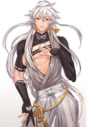 Rule 34 | 10s, 1boy, bad id, bad pixiv id, black gloves, bow, gloves, hair bow, hand on own chest, highres, japanese clothes, kogitsunemaru, male focus, parted lips, partially fingerless gloves, red eyes, solo, soonbu, touken ranbu, white hair