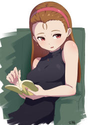 Rule 34 | 1girl, bad id, bad pixiv id, black shirt, book, breasts, brown hair, couch, earrings, hairband, idolmaster, idolmaster (classic), jewelry, long hair, looking to the side, minase iori, nail polish, necklace, open book, pink nails, reading, red eyes, red hairband, shirt, sitting, sleeveless, sleeveless shirt, small breasts, solo, turning page, yoshiwa tomo