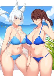 Rule 34 | 2girls, animal ears, arm at side, arm behind back, armpits, azur lane, bare shoulders, beach, bikini, blue bikini, blue eyes, blue sky, breasts, brown eyes, brown hair, cleavage, closed mouth, cloud, collarbone, criss-cross halter, crossover, day, fox ears, fox tail, franham, gluteal fold, hair between eyes, halterneck, hand in own hair, hand on own thigh, hand up, highres, historical name connection, innertube, kaga (azur lane), kaga (kancolle), kantai collection, large breasts, looking at viewer, multi-strapped bikini, multiple girls, name connection, outdoors, plant, sand, shiny skin, short hair, side ponytail, sky, smile, standing, swim ring, swimsuit, tail, thick thighs, thighs, water, white hair, yellow innertube