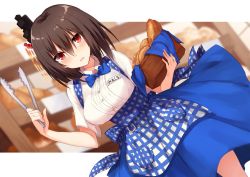 Rule 34 | alternate costume, apron, black hair, blouse, blue bow, blue bowtie, bow, bowtie, bread, breasts, food, hair between eyes, hair ornament, highres, holding, kantai collection, kinona, medium breasts, medium hair, red eyes, shirt, solo, standing, waitress, white shirt, yamashiro (kancolle)